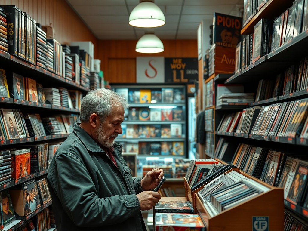 В мужчине с седыми волосами, стоящем в магазине, много компакт-дисков и фильмов на полках.