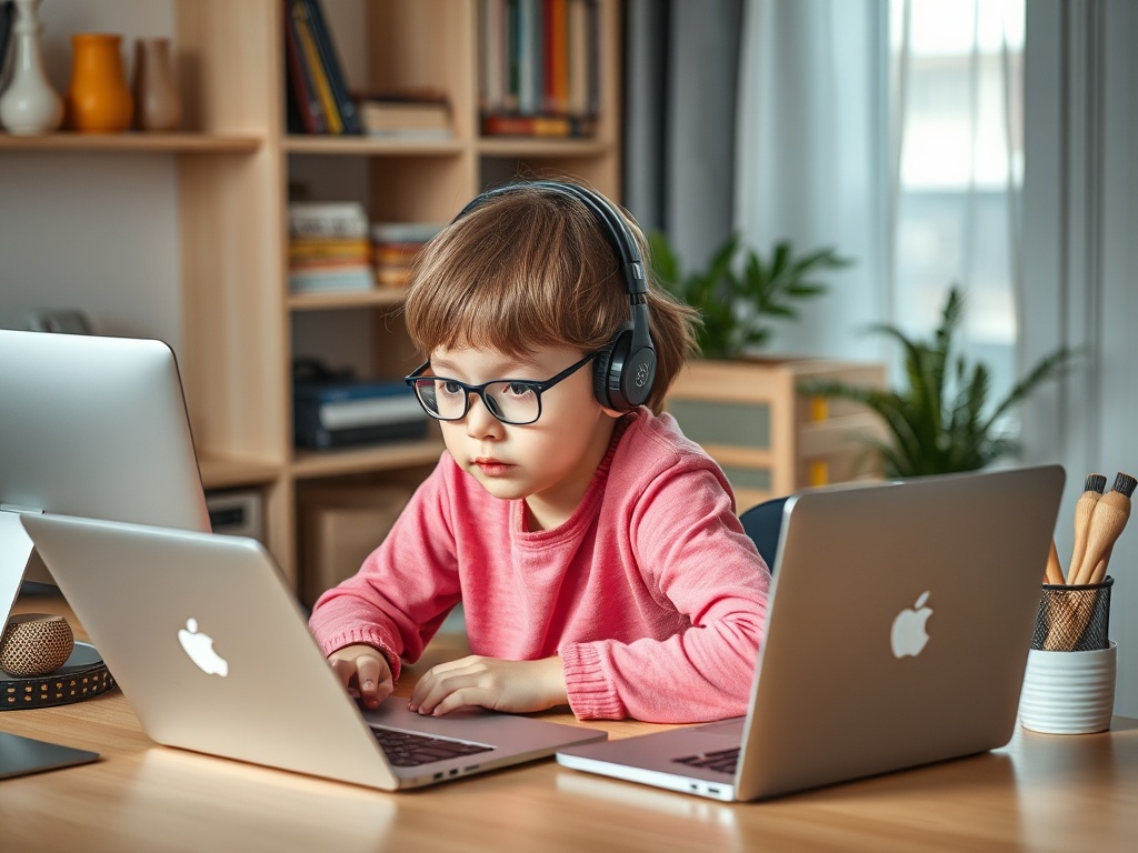 Мальчик в наушниках сидит за столом, работая за двумя ноутбуками в уютном кабинете.