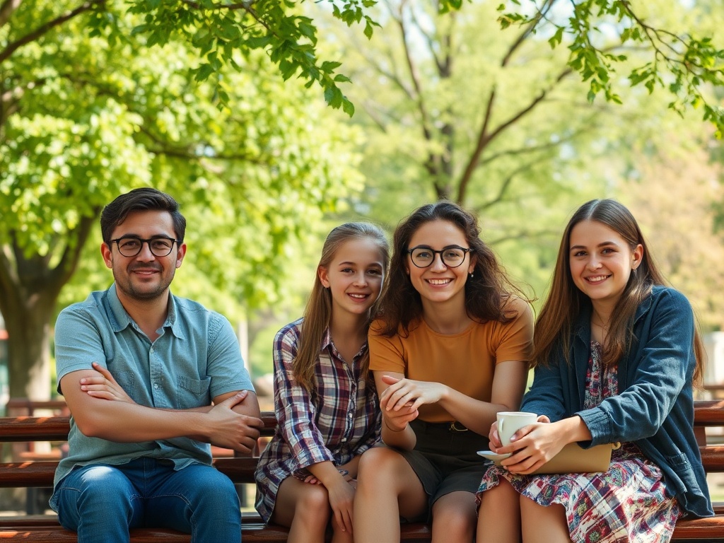 Четыре человека сидят на скамейке в парке, весело общаясь на фоне зелёных деревьев.