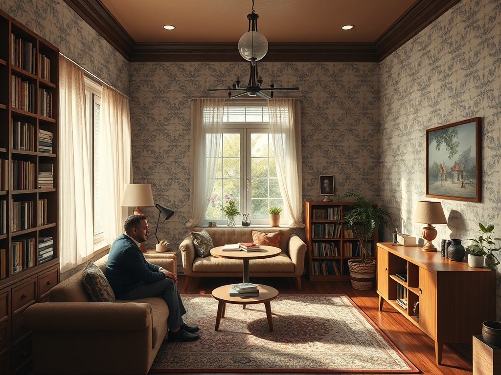 Уютная комната с диваном, столом и книжными полками, мужчина сидит у окна с растениями и мягким светом.