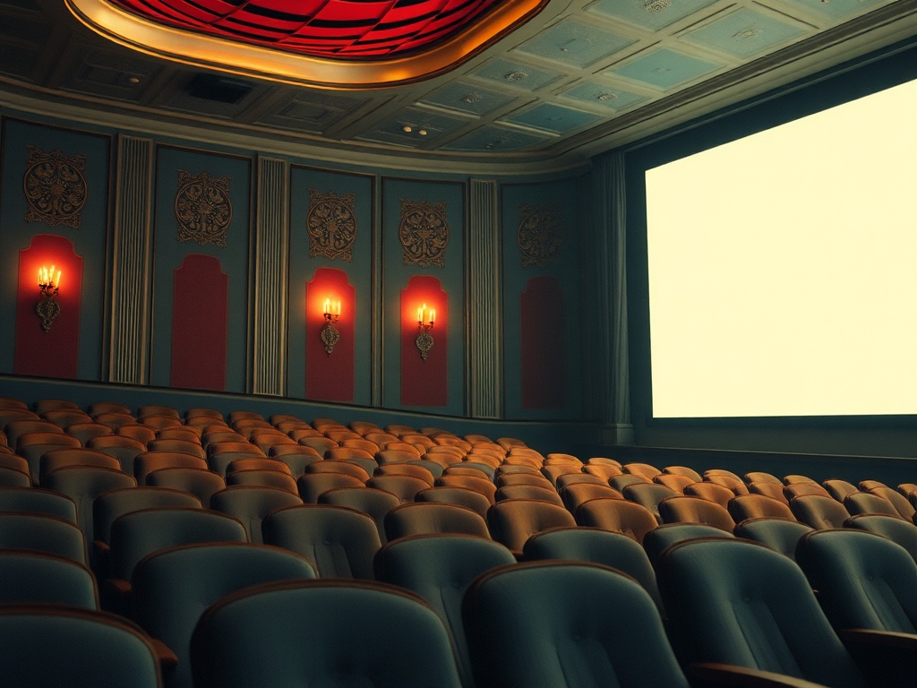 Зал кинотеатра с пустыми креслами и экраном, готовым к показу. Роскошный интерьер и приглушённый свет.