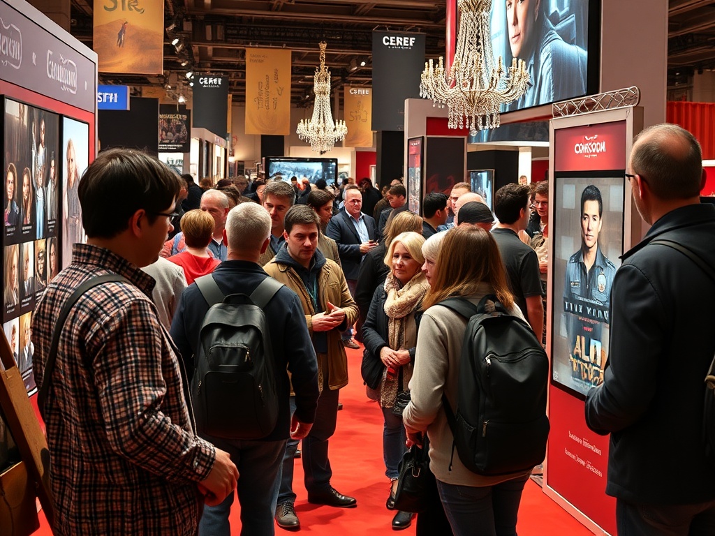 На мероприятии много людей, обсуждающих кино и сериалы на красной дорожке. Стенды с афишами фильмов.
