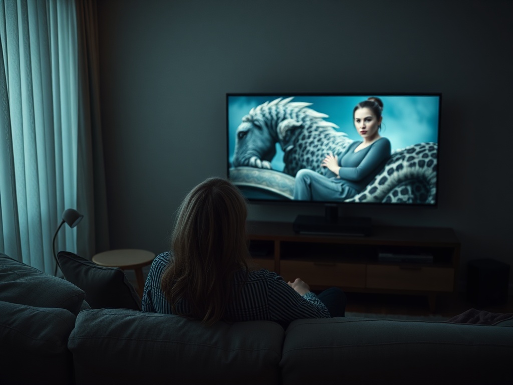 Женщина сидит на диване и смотрит на телевизор с изображением загадочной сцены.
