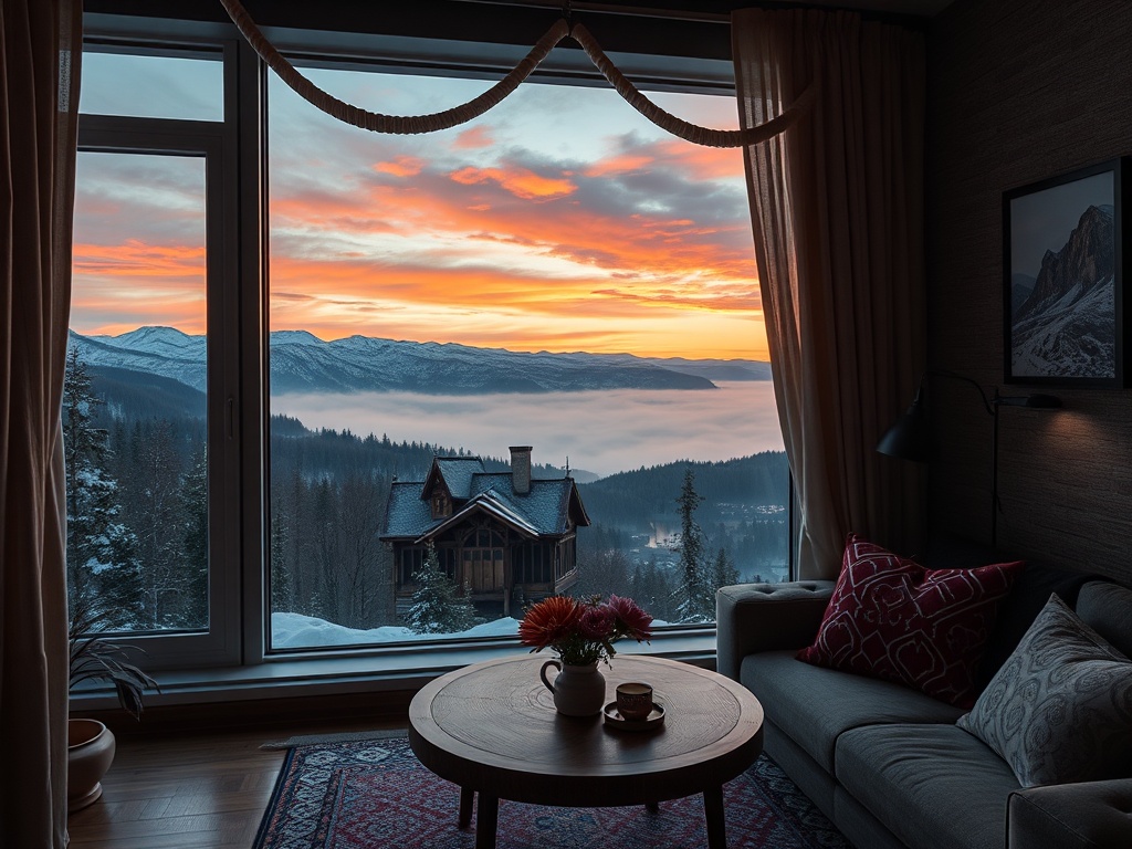 Солнечный рассвет на фоне гор из окна уютной комнаты с зимой и зелеными деревьями.