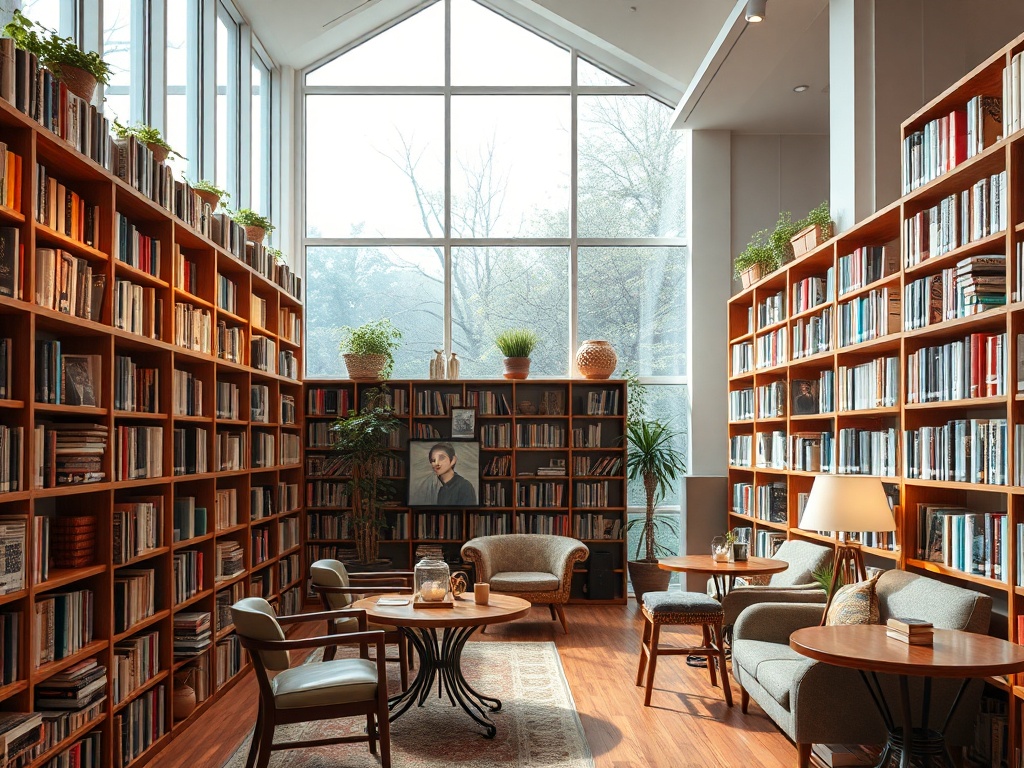 Уютная библиотека с полками, полными книг, и комфортными креслами у больших окон.