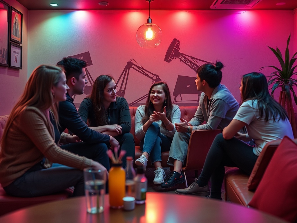 Шестеро друзей общаются в уютном кафе с ярким освещением. Атмосфера весёлая и дружелюбная.