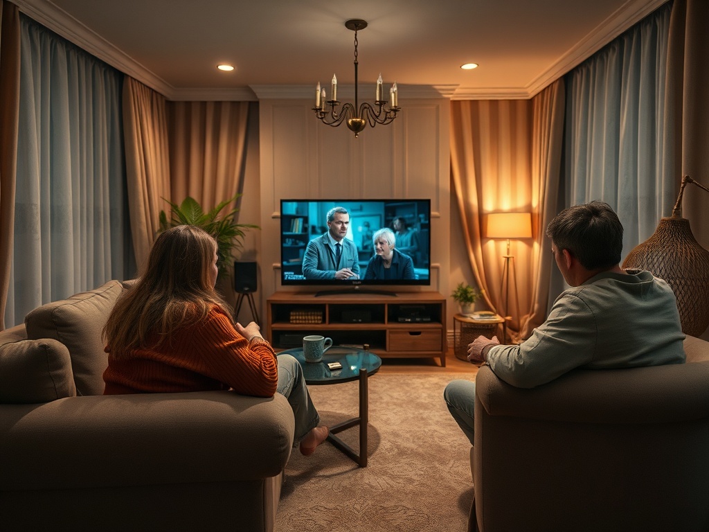 Два человека смотрят телевизор в уютной комнате с мягким освещением и уютной мебелью.