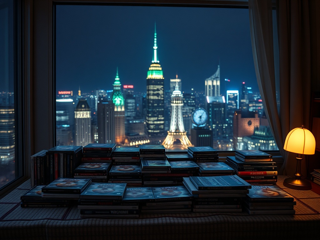 На столе с книгами виднеется ночной городской пейзаж с подсвеченными зданиями и небоскребами.
