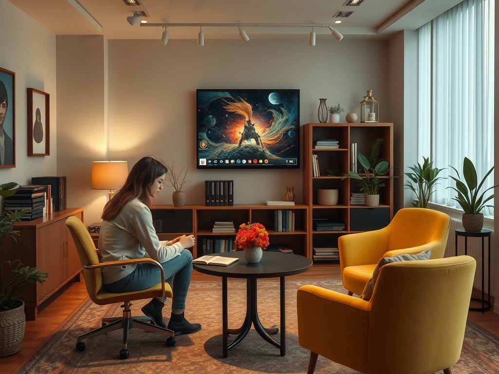 Женщина сидит в уютной комнате с телевизором, читающая книгу рядом с цветами и растениями.