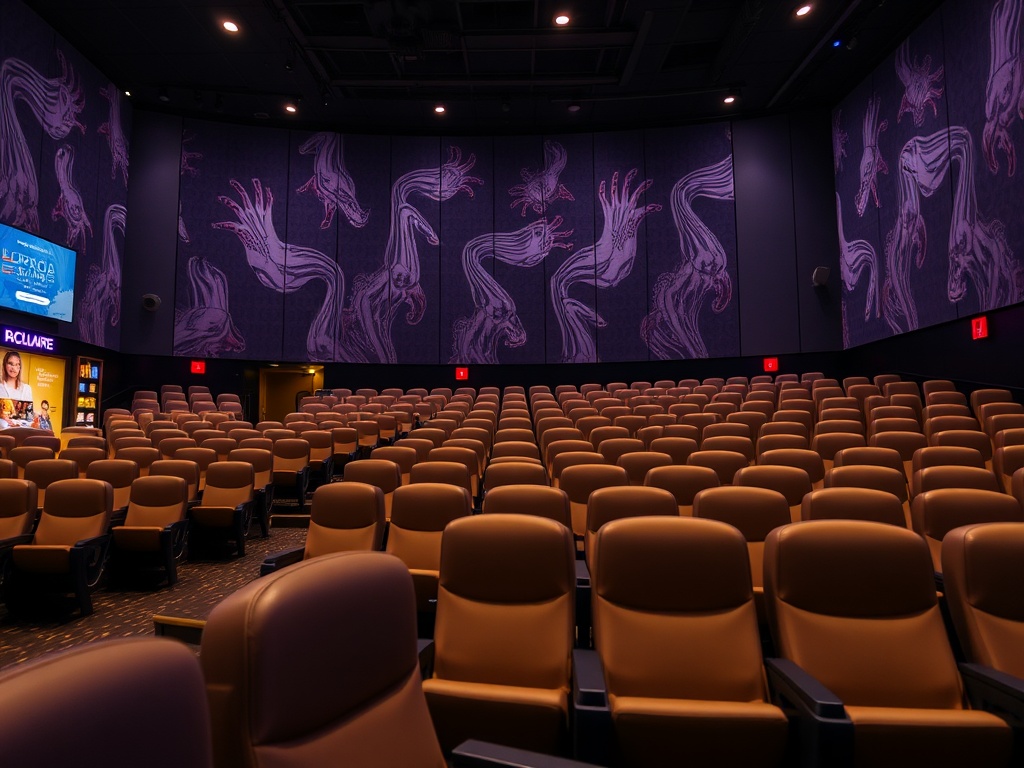 Современный кинотеатр с кожаными креслами и уникальным художественным оформлением стен.