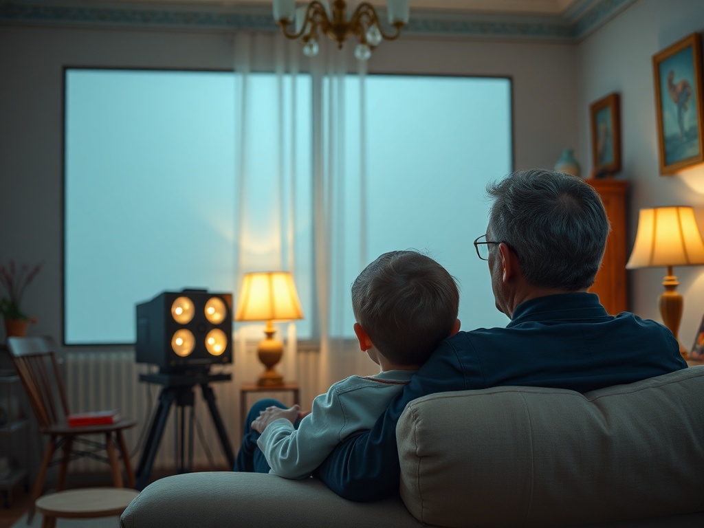 Дедушка и внук сидят на диване, смотрят на проектора, освещая уютную комнату.