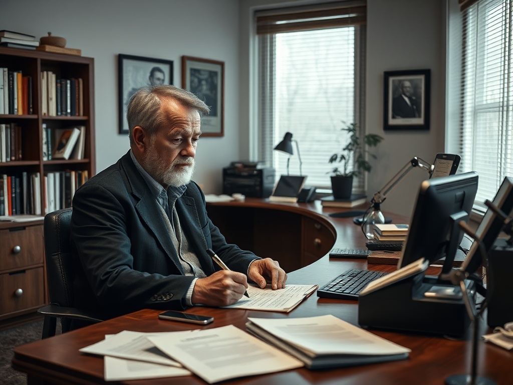 Пожилой мужчина с бородой сидит за столом, пишет заметки в офисе с книжными полками и компьютером.