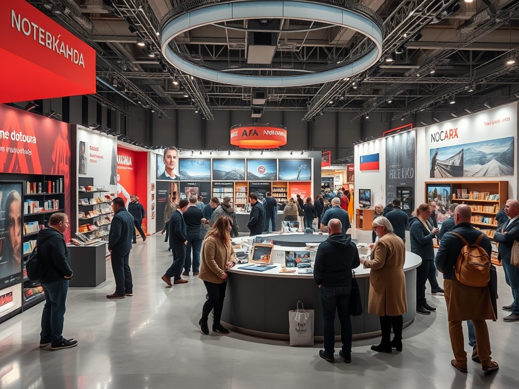 На выставке книги люди собираются вокруг стендов различных издательств и обсуждают литературные новинки.