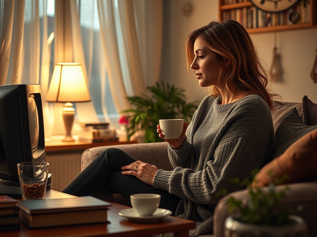 Женщина в свитере сидит на диване с чашкой, смотря на телевизор в уютной комнате с мягким светом.