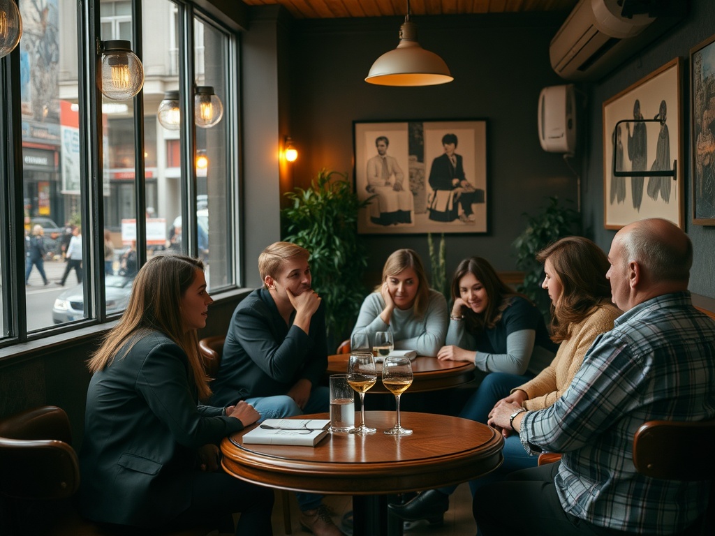 Группа людей в кафе обсуждают что-то важное за столом, наслаждаясь напитками и атмосферой.