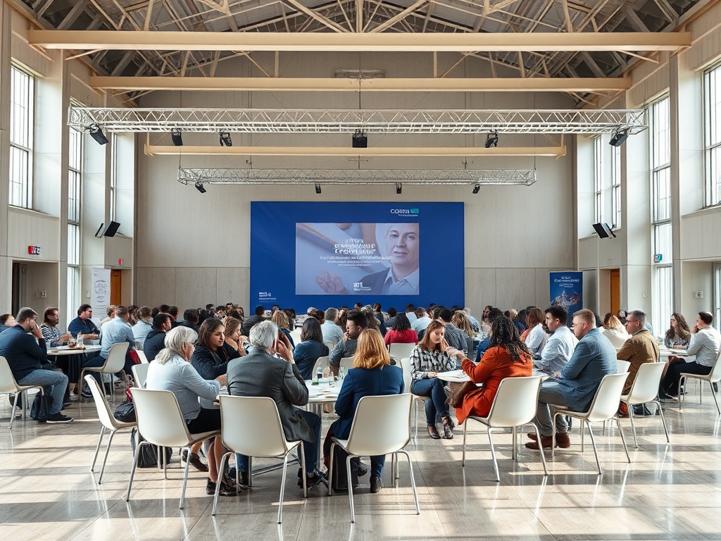 На собрании людей в большом помещении с экраном, на котором показывается презентация.