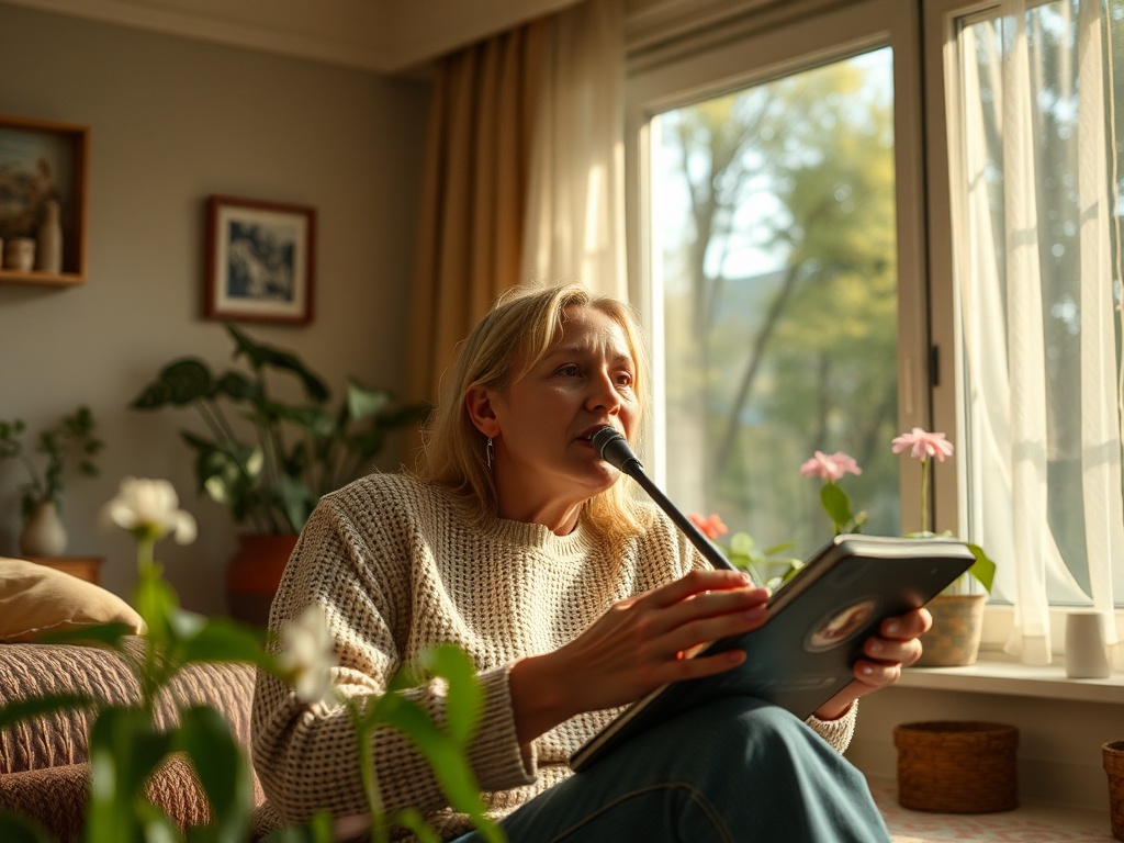 Женщина в свитере сидит на диване и читает с планшета. Вокруг цветы и солнечный свет.