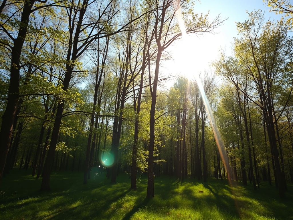 Светящееся солнце пробивается сквозь зелёные деревья в лесу, создавая живописный пейзаж.