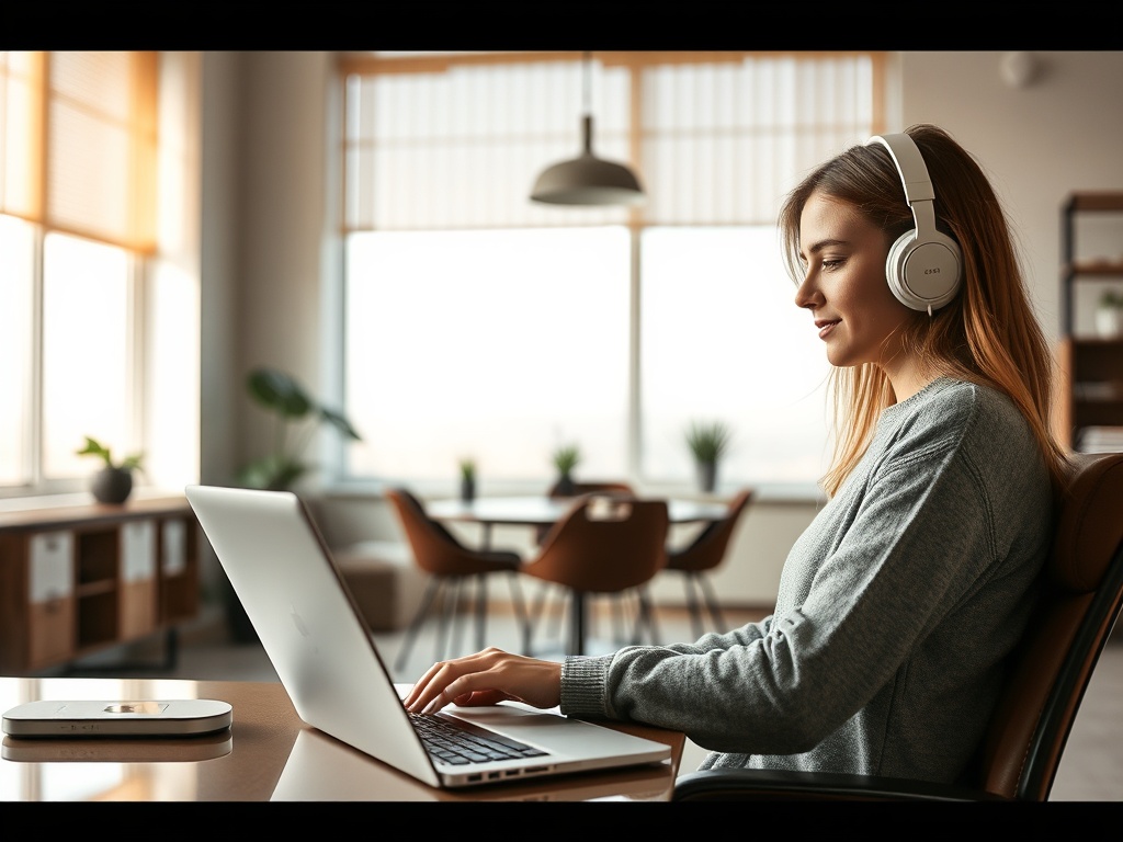 На изображении девушка в наушниках работает за ноутбуком в светлом офисе.
