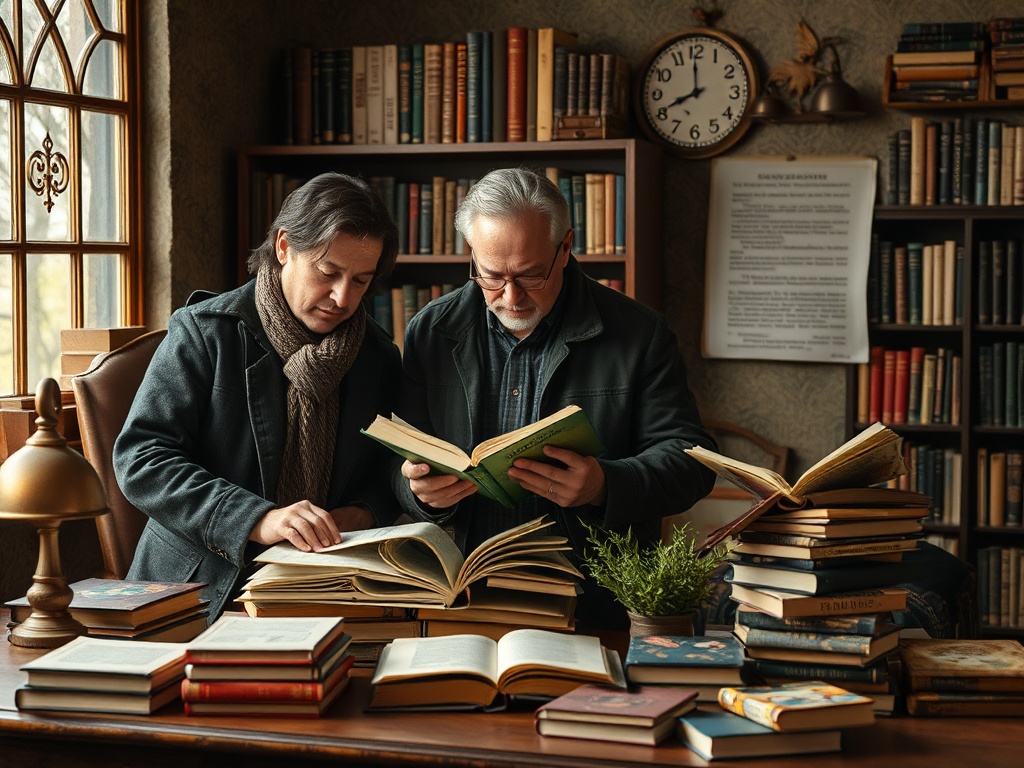 Два человека в библиотеке читают книги, вокруг много журналов и старинных томов. Атмосфера уюта.