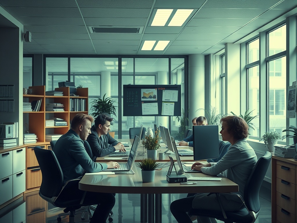 Офис с несколькими сотрудниками, работающими за компьютерами, и зелеными растениями на столах.