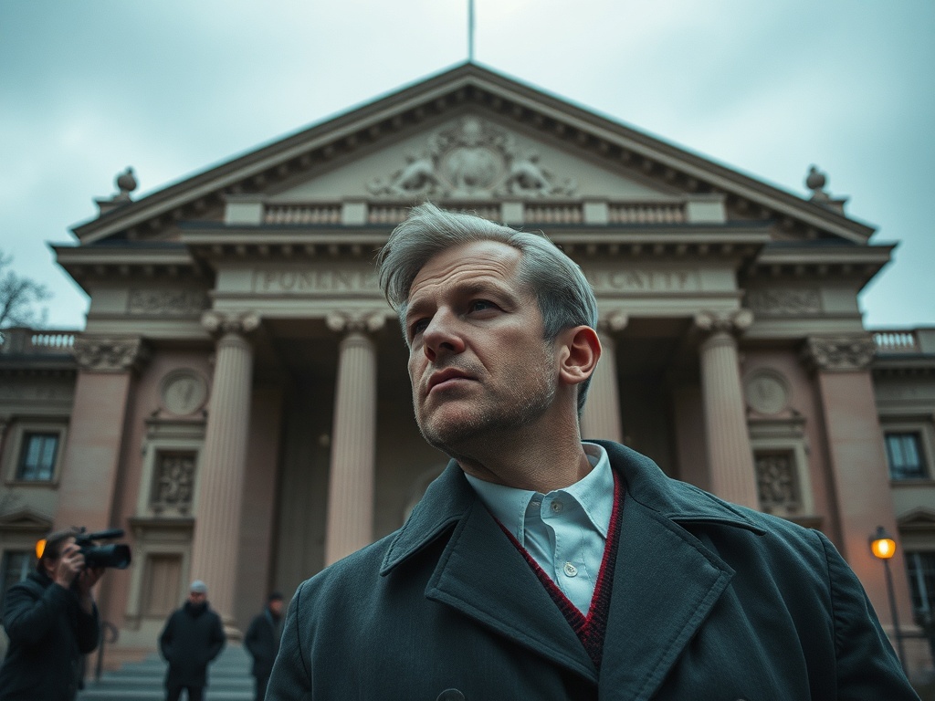 Мужчина в пальто стоит на фоне здания с колоннами, на улицах небо серое и мрачное.