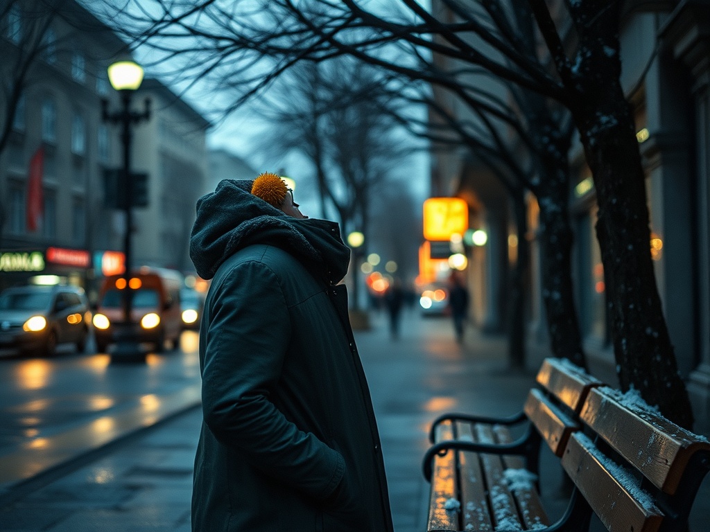 Человек в теплой одежде стоит на улице, глядя на небо в зимний вечер. Снег и уличные огни создают атмосферу.