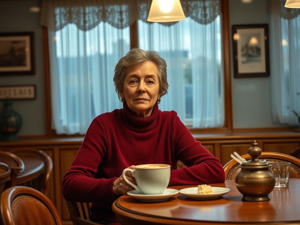 На изображении пожилая женщина в красном свитере сидит за столом с чашкой кофе и десертом в уютном кафе.