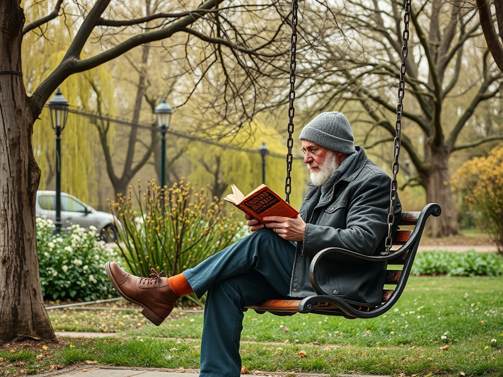 Старший мужчина читает книгу, сидя на качелях в парке, окруженный зелеными растениями.