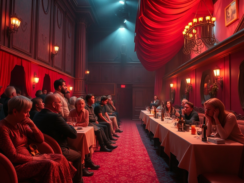 В ресторане с приглушенным светом люди сидят за столиками, ожидая события или представления.