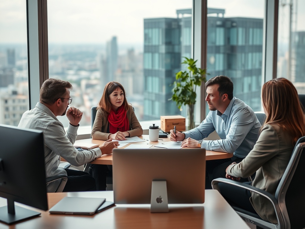 На встрече в офисе четверо людей обсуждают проекты у стола с видом на город.