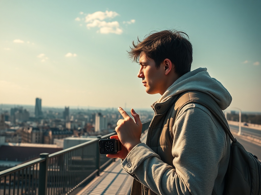 Парень стоит на крыше, смотря на город. На столе у него часы, он задумчиво указывает рукой.