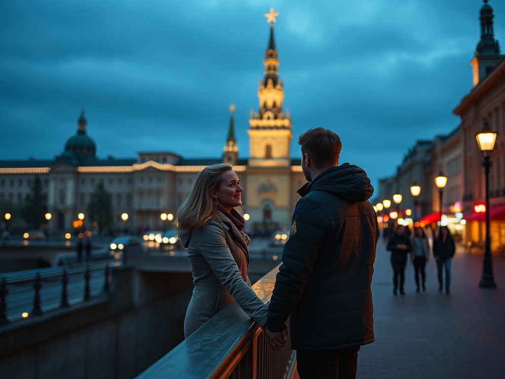 Влюбленная пара держится за руки на фоне вечернего города и освещенного здания.