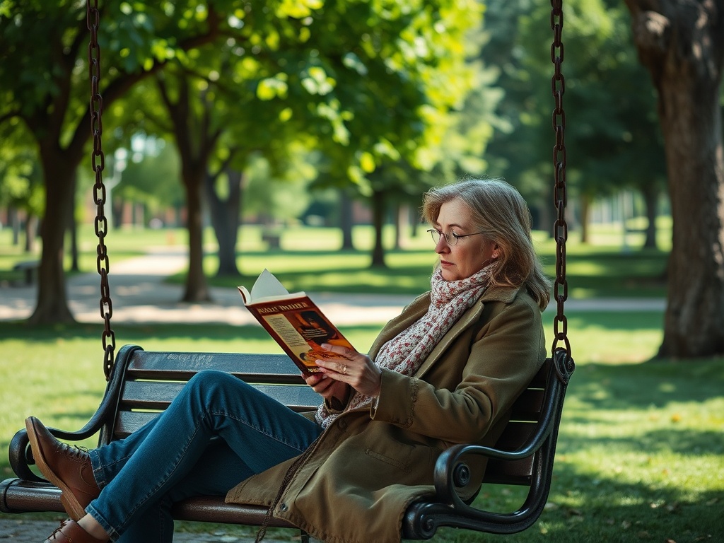 Женщина читает книгу на качелях в парке под зелёными деревьями. Солнечный день и тихая обстановка.