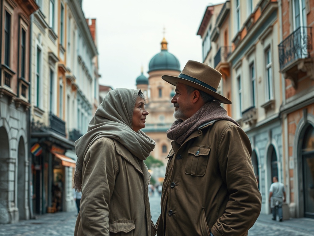 Двойка стоит на узкой улице, смотря друг на друга с нежностью на фоне исторической архитектуры.