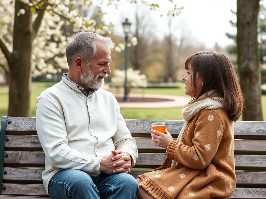 Дедушка и внучка беседуют на скамейке в парке, наслаждаясь приятным днем и напитками.