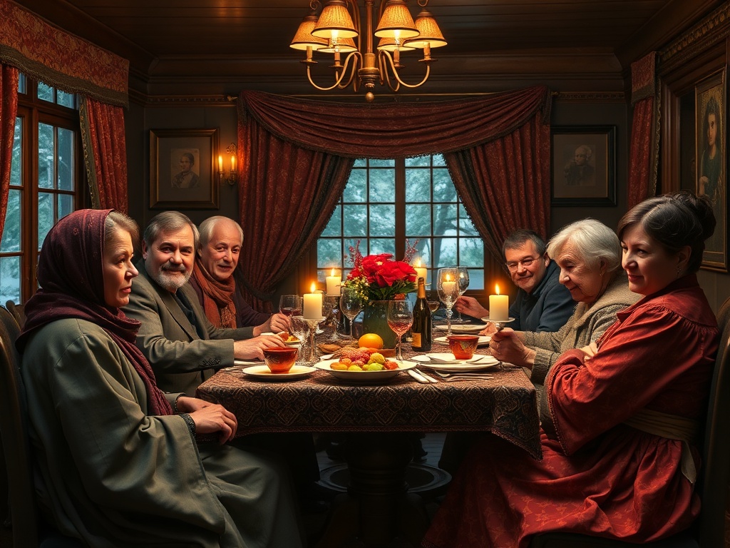 На уютном ужине за столом собралась группа людей, наслаждаясь общением и атмосферой уюта.