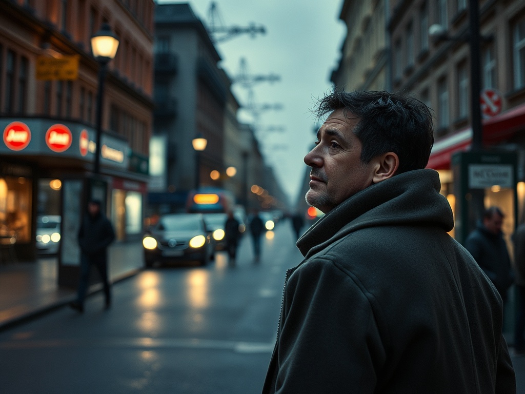 На улице вечер, мужчина в куртке смотрит в сторону, вокруг прохожие и автомобили. Настроение меланхоличное.