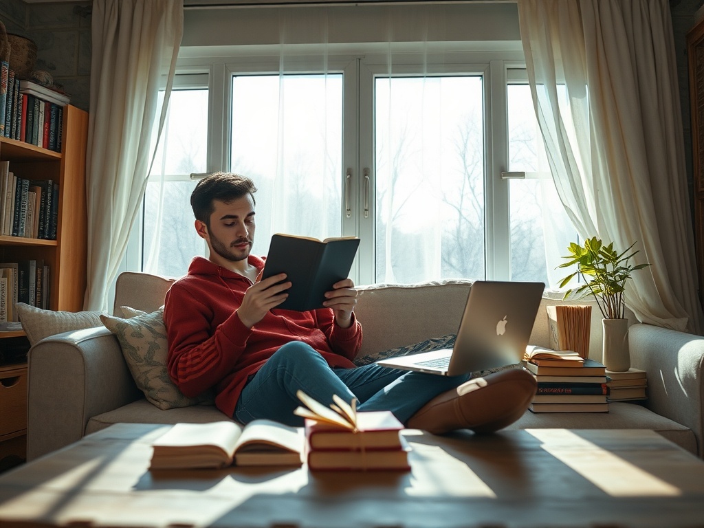 Парень в красном худи читает книгу на диване с ноутбуком и книгами на столе, светит солнечный свет.
