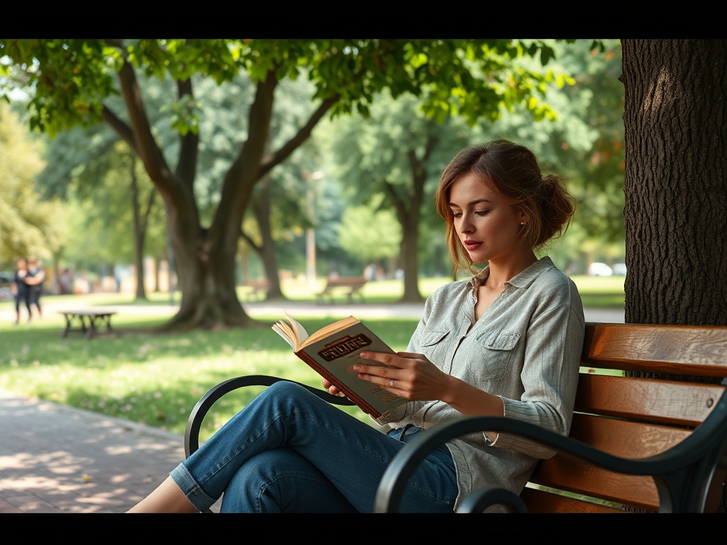Девушка читает книгу на скамейке в парке под зелеными деревьями. Спокойная и уютная атмосфера.