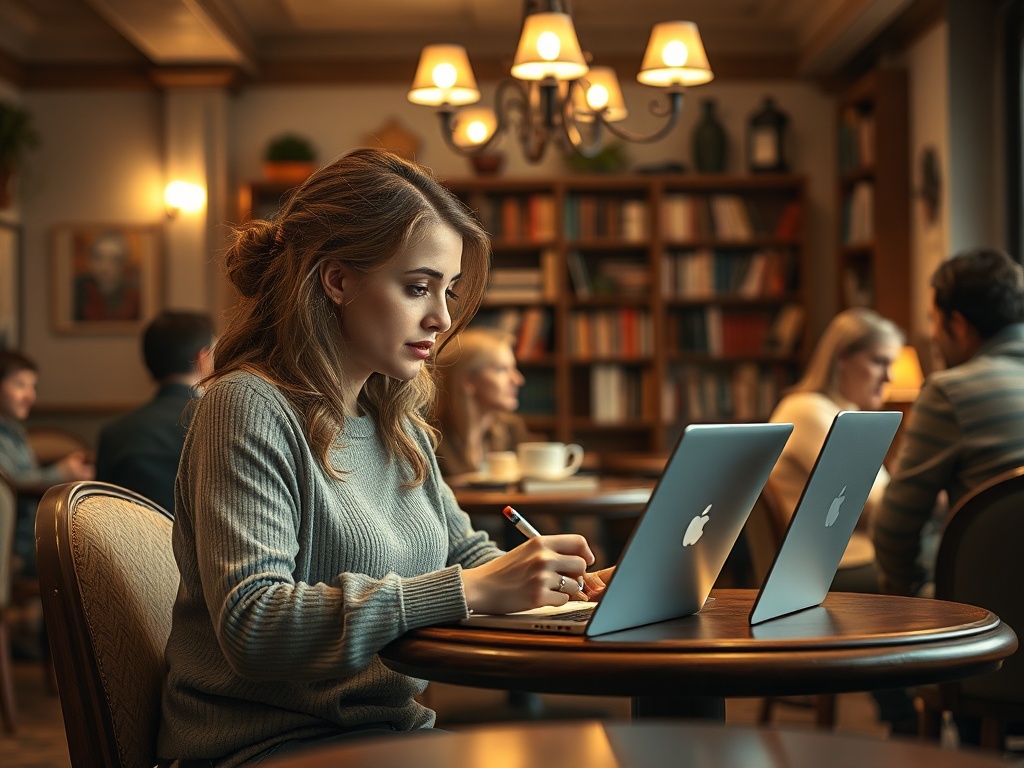 Девушка за столом в кафе, пишет на заметках, рядом два ноутбука. Вокруг люди заняты своими делами.