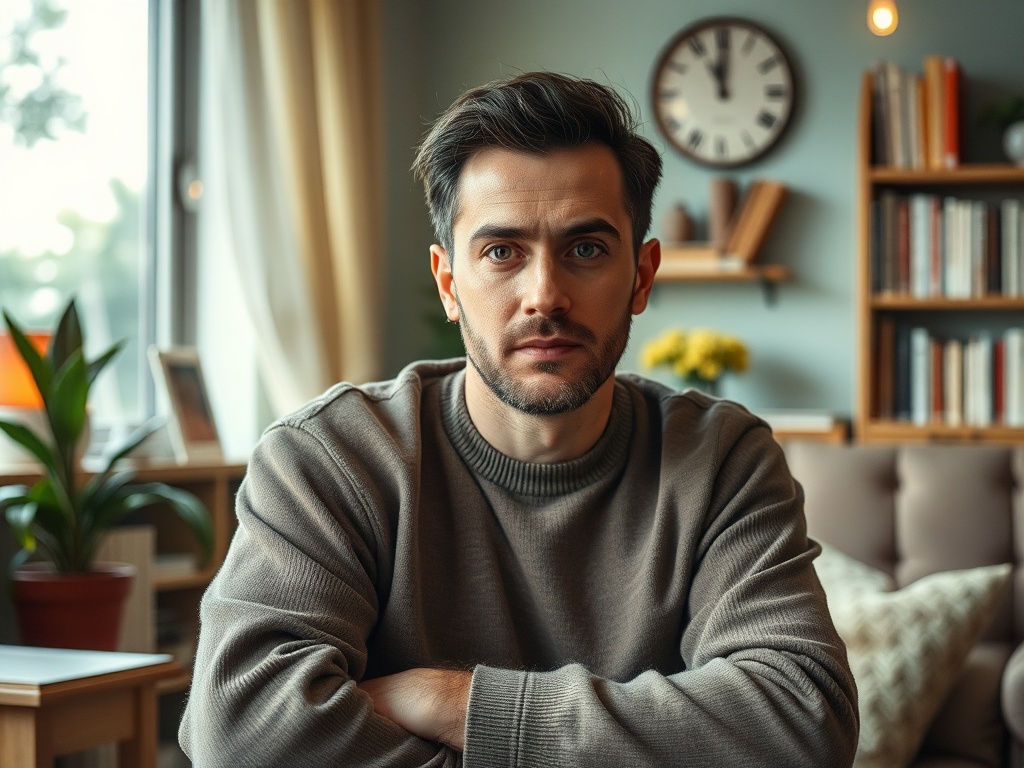 Молодой человек с косой бородой сидит в комнате с книгами и растениями, смотря прямо в камеру.