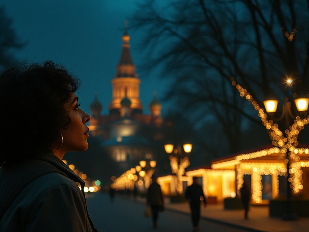 Женщина смотрит вдаль на illuminated здания и огни в парке, вечерний пейзаж в темноте.