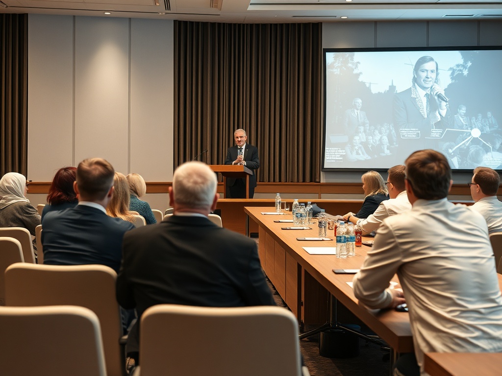 На заседании выступает оратор, аудитория слушает, на экране презентация. Стол с документами и напитками.