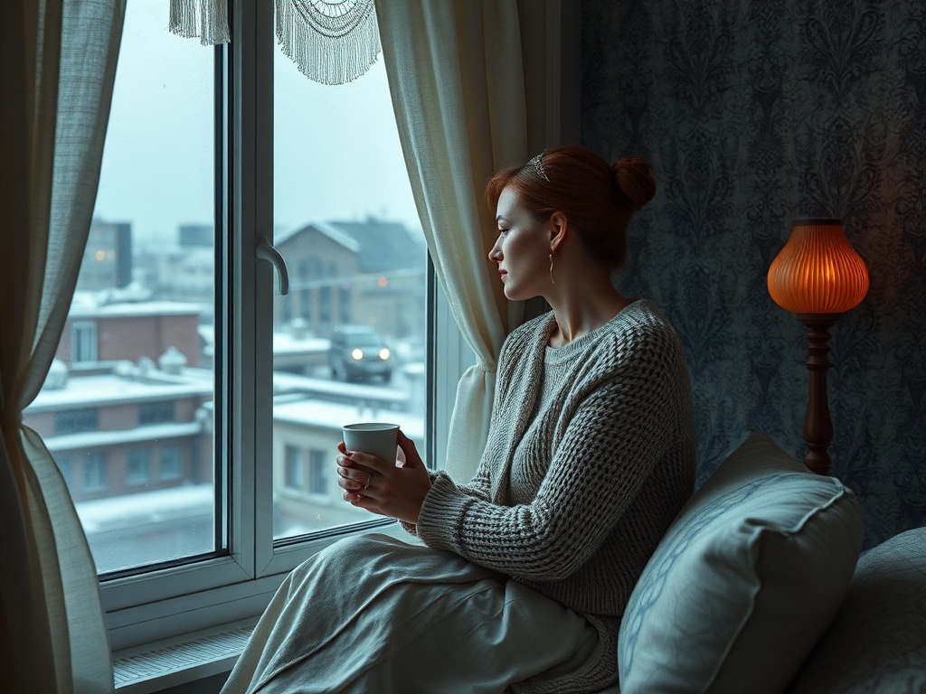 Женщина в уютном свитере смотрит в окно на зимний пейзаж, держа в руках чашку.