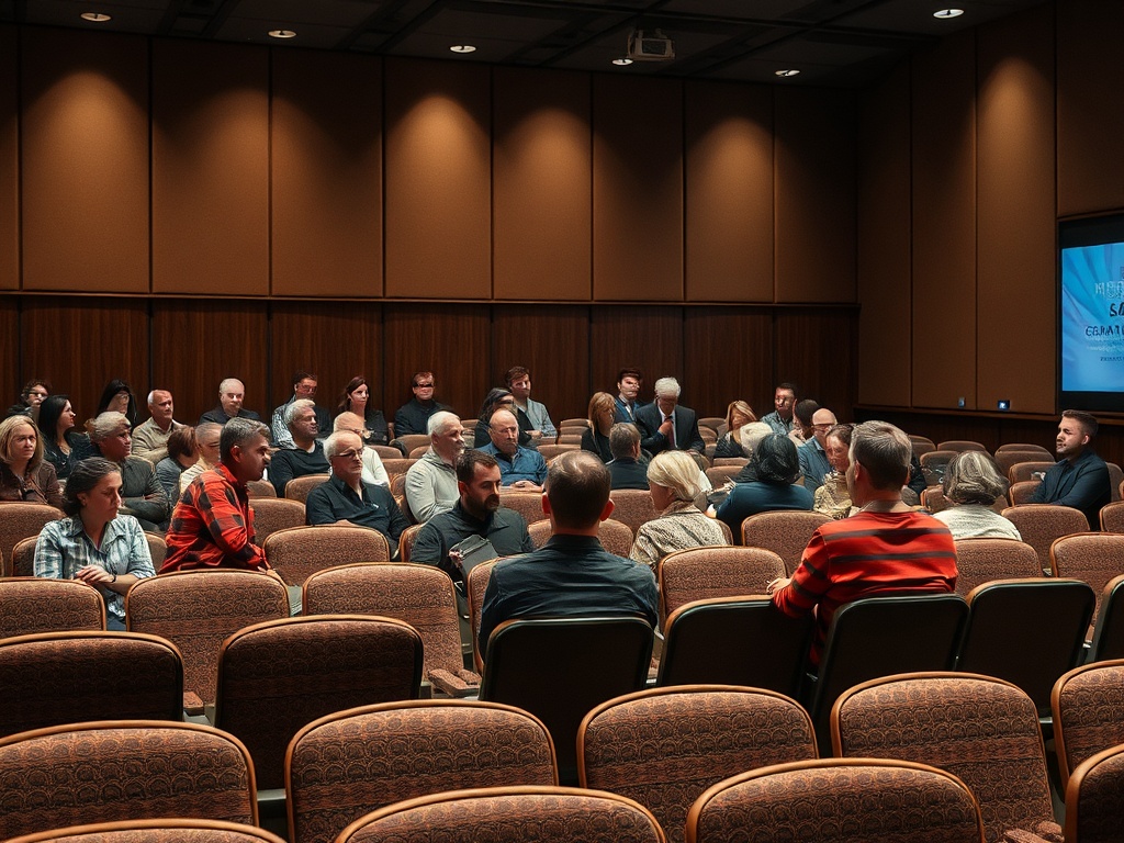 В зале много людей, сидящих на местах, некоторые общаются, стены коричневые, на экране текст.