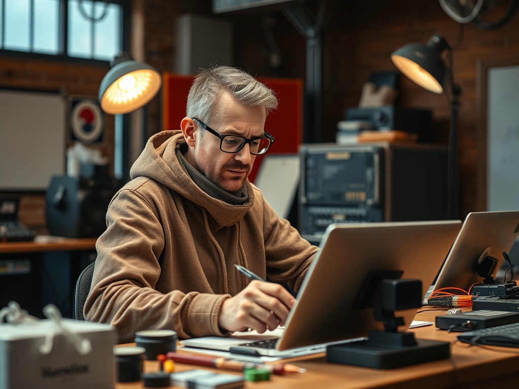 На изображении мужчина в толстовке работает за столом с двумя экранами, окружённый канцелярскими принадлежностями.