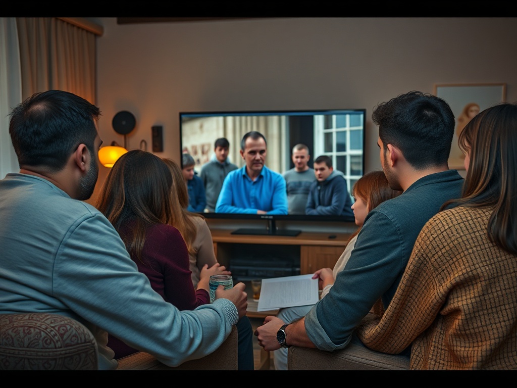 Группа людей смотрит телевизор, на экране — сцена с несколькими персонажами, обсуждающими что-то важное.
