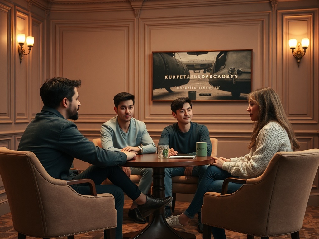 Четыре человека сидят за столом, обсуждая что-то в уютной комнате с мягким светом.