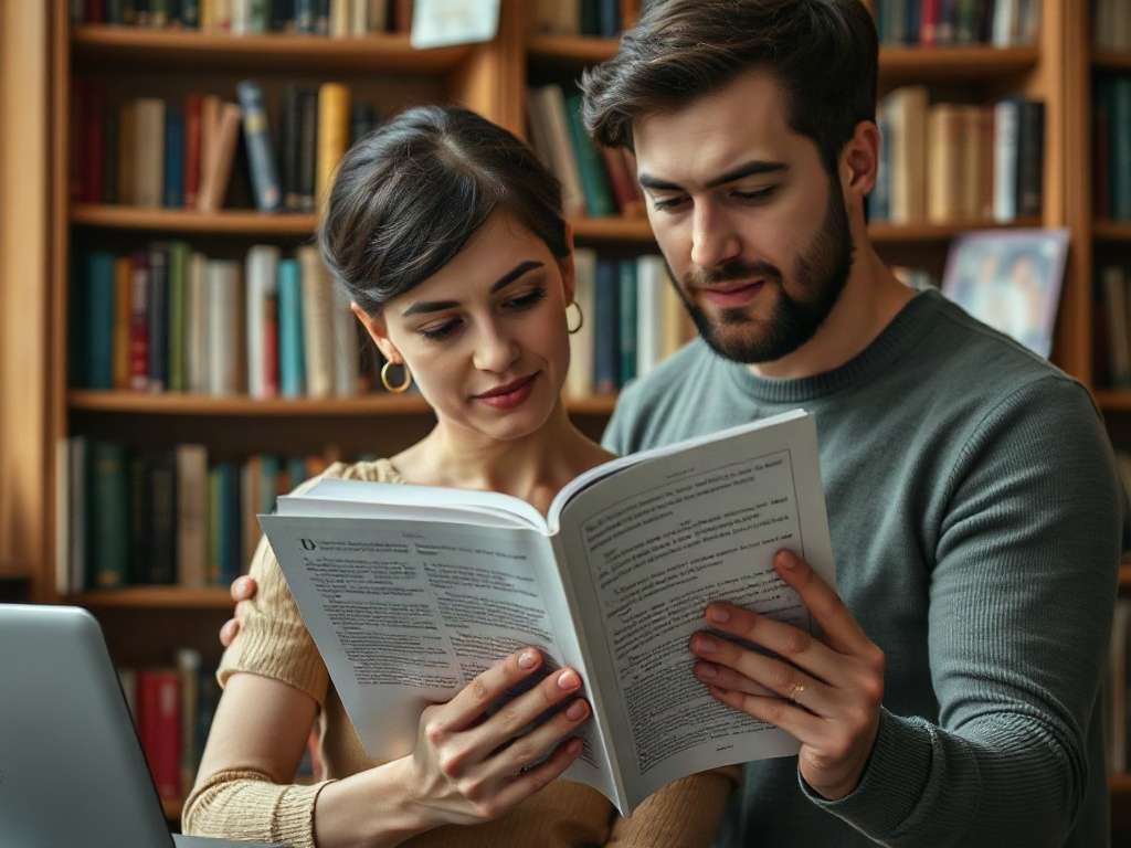 Молодая пара читает книгу в уютной библиотеке, окружённой полками с книгами.